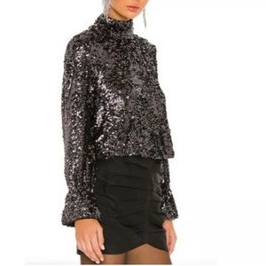 FREE PEOPLE Women's Small Moonstruck Black Sequins High Neck Open Back Blouse